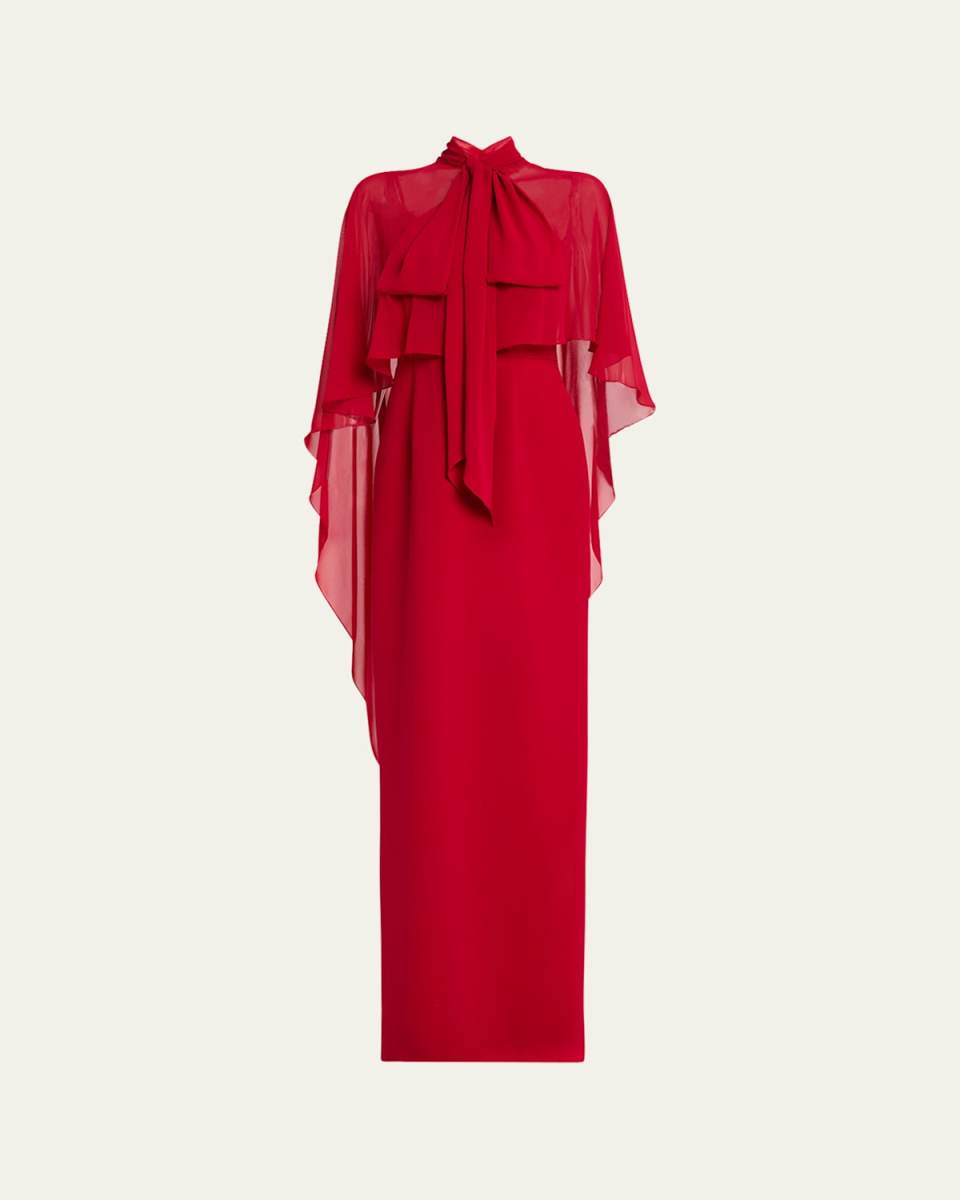 Draped Tie-Neck Cape Column Gown